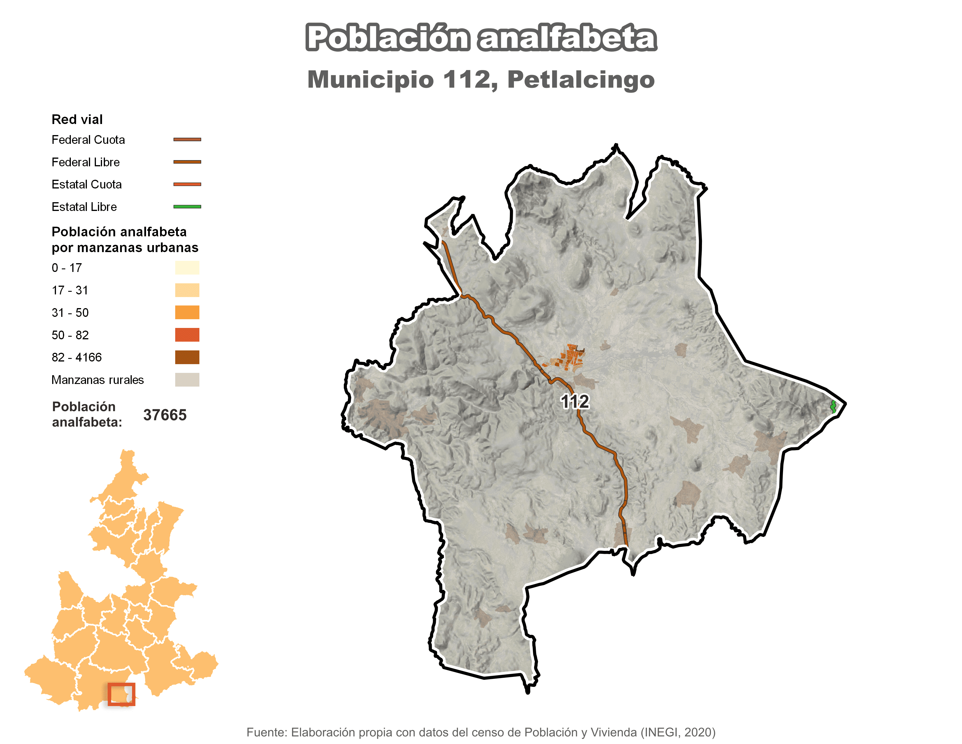 Biblioteca de Mapas - Población analfabeta municipio de Petlalcingo