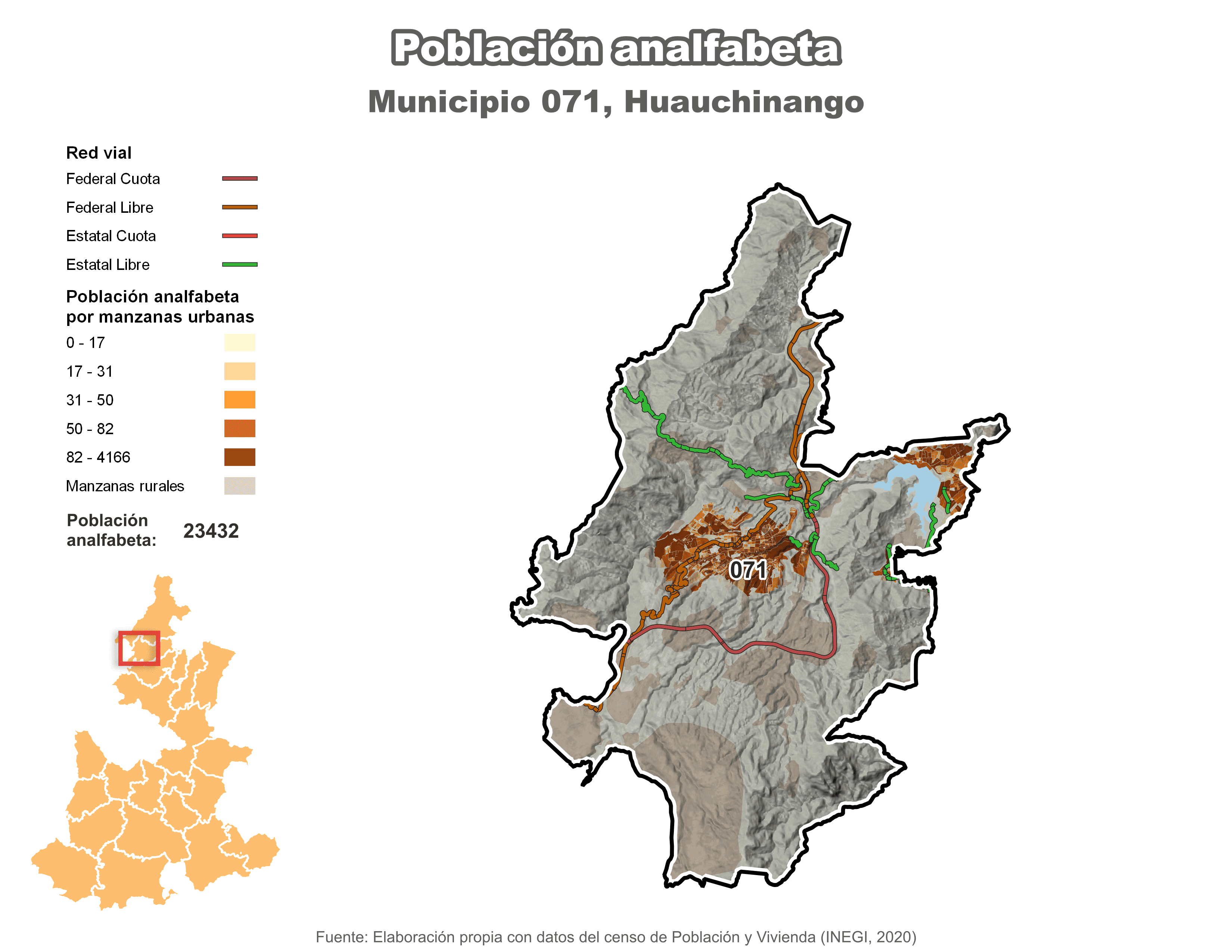 Biblioteca de Mapas - Población analfabeta municipio de Huauchinango