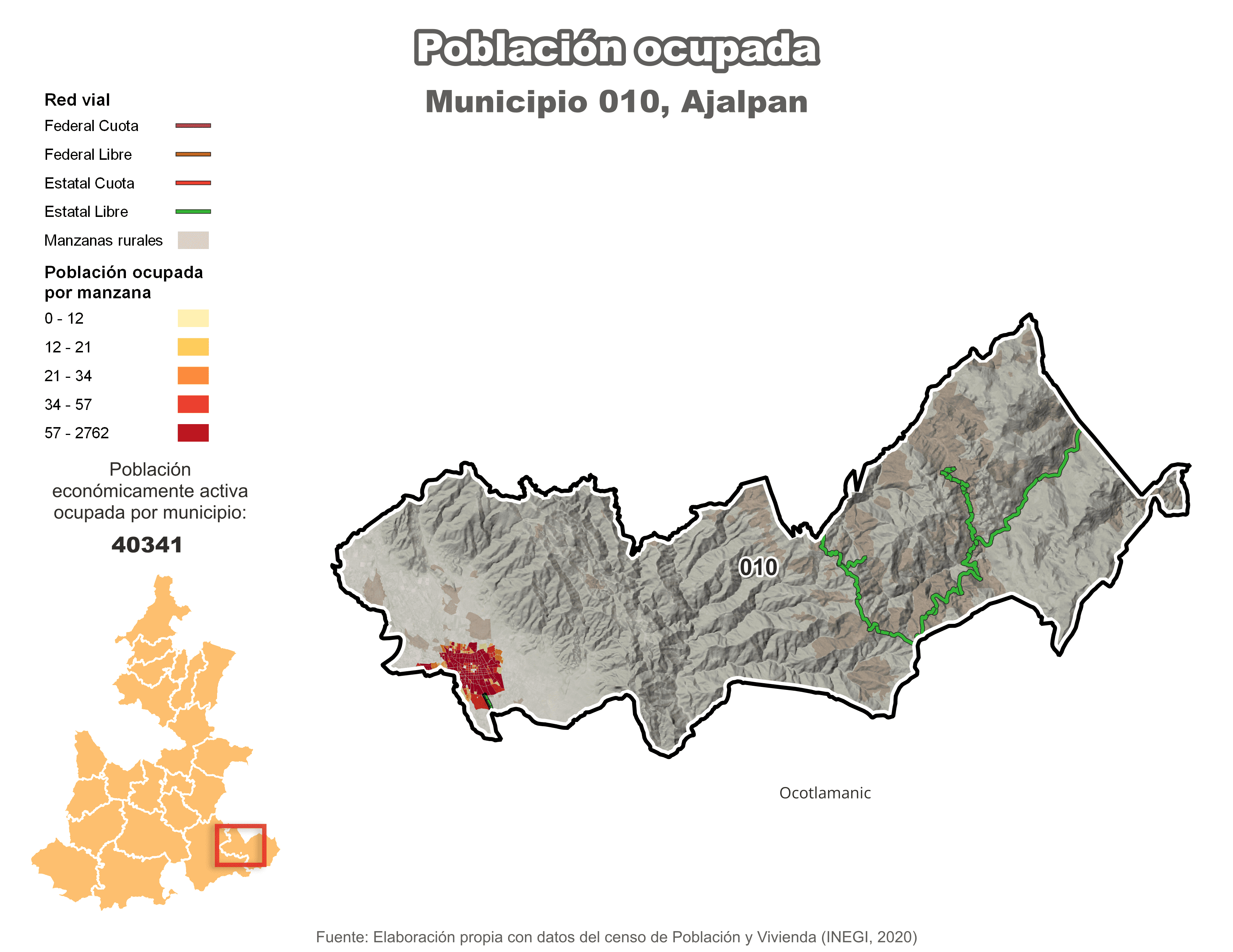 Biblioteca de Mapas - Población ocupada en municipio de Ajalpan