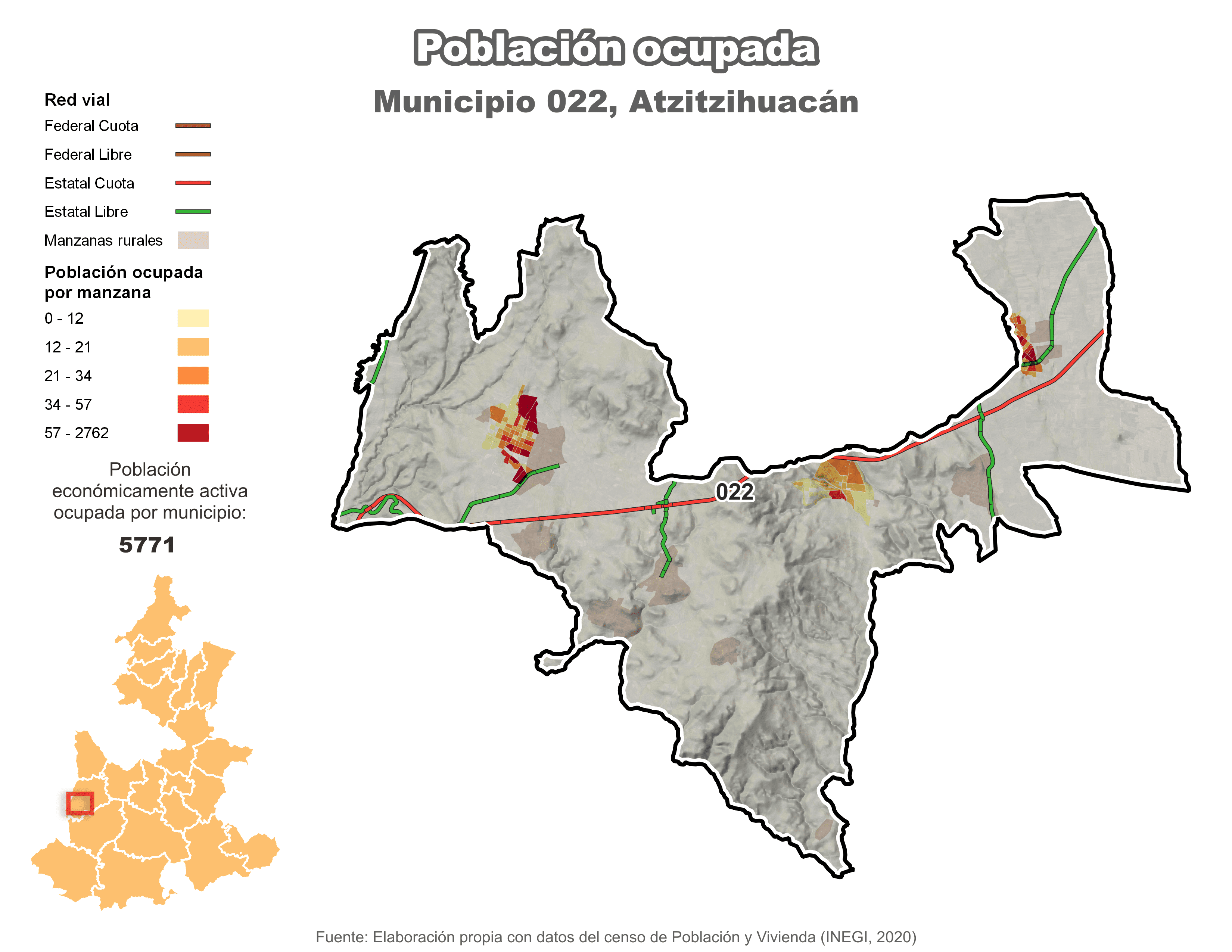 Biblioteca de Mapas - Población ocupada en municipio de Atzitzihuacán