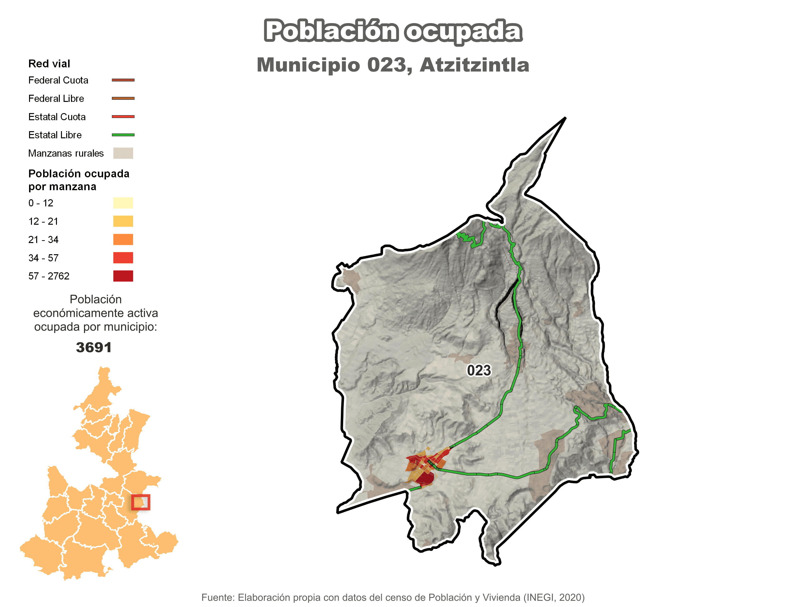 Biblioteca de Mapas - Población ocupada en municipio de Atzitzintla