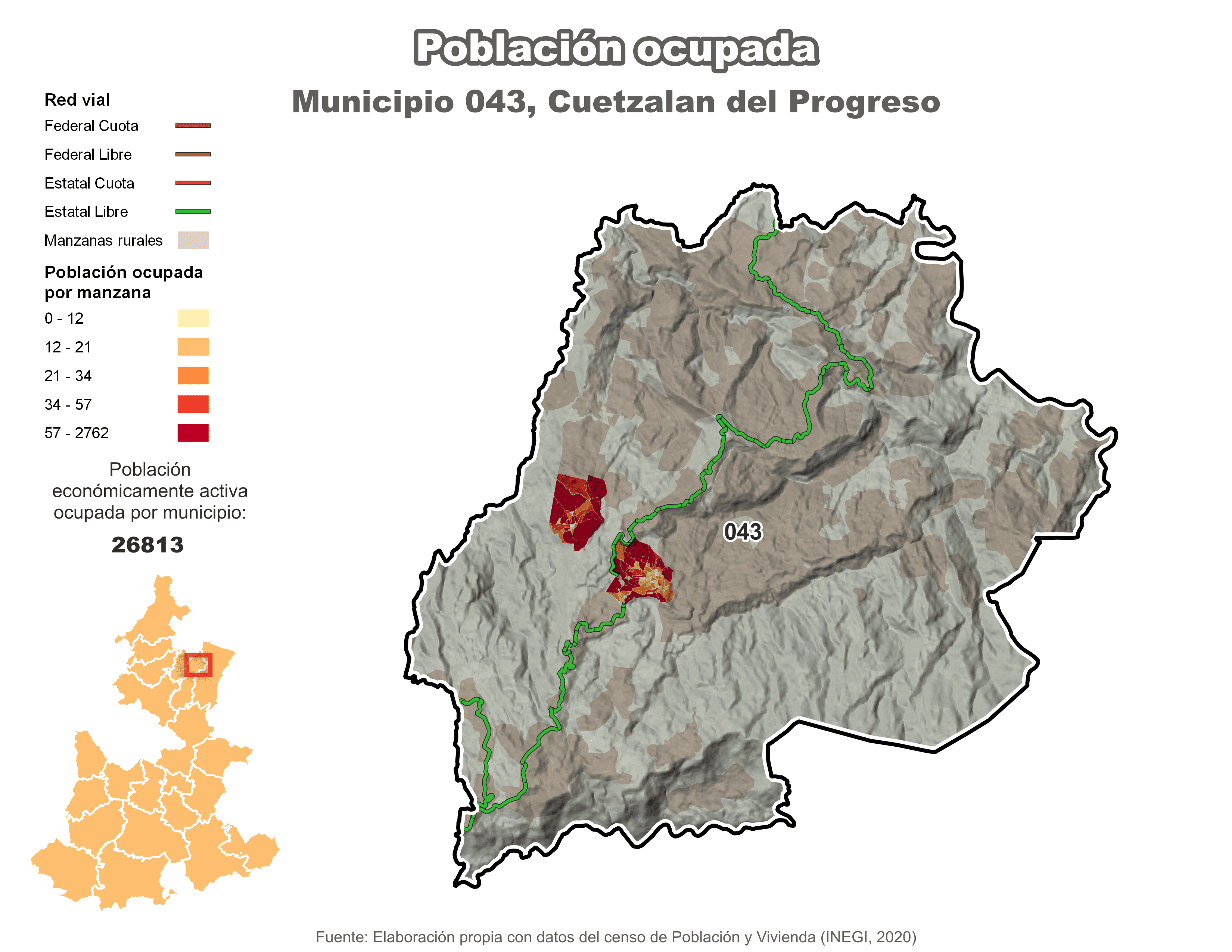 Biblioteca de Mapas - Población ocupada en municipio de Cuetzalan del Progreso