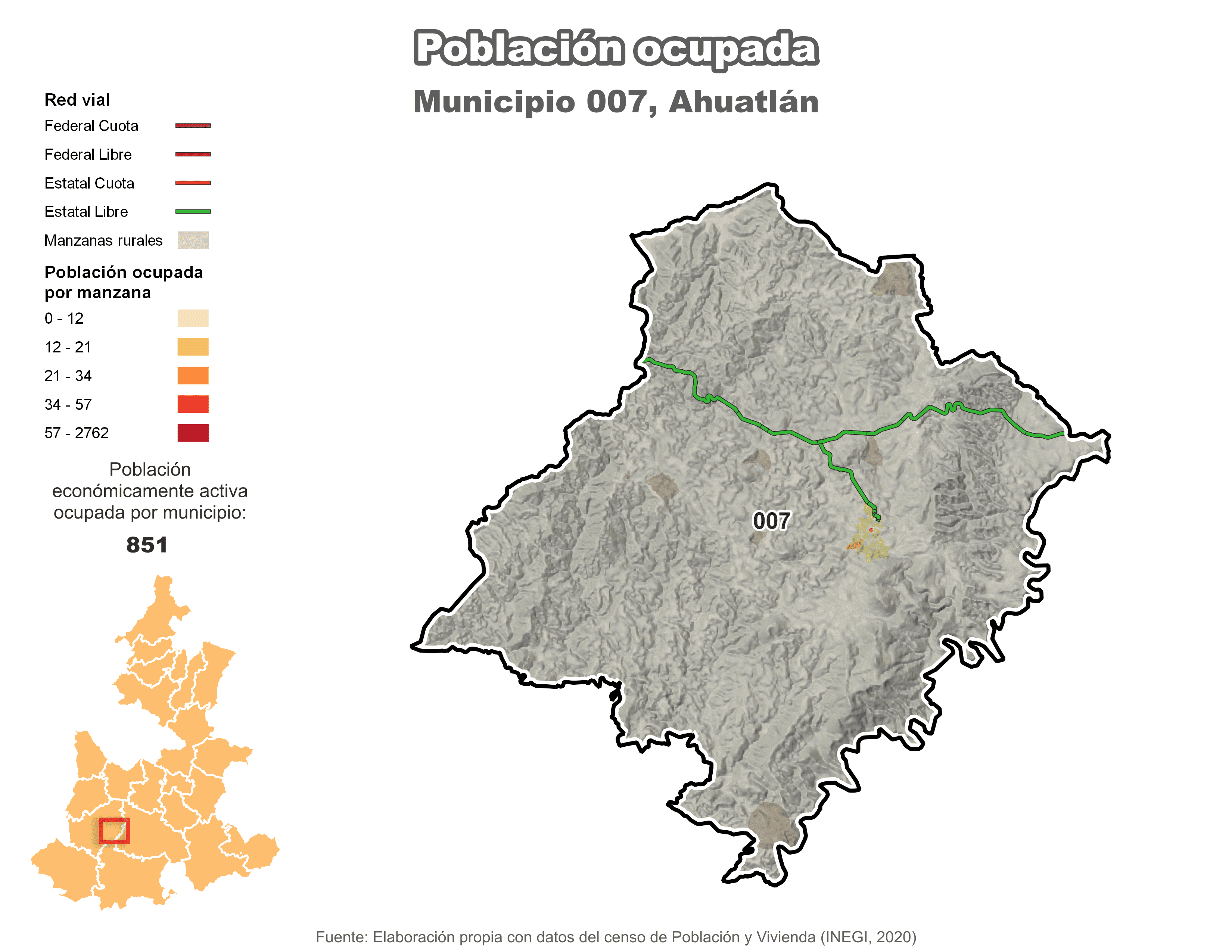 Biblioteca de Mapas - Población ocupada en municipio de Ahuatlán