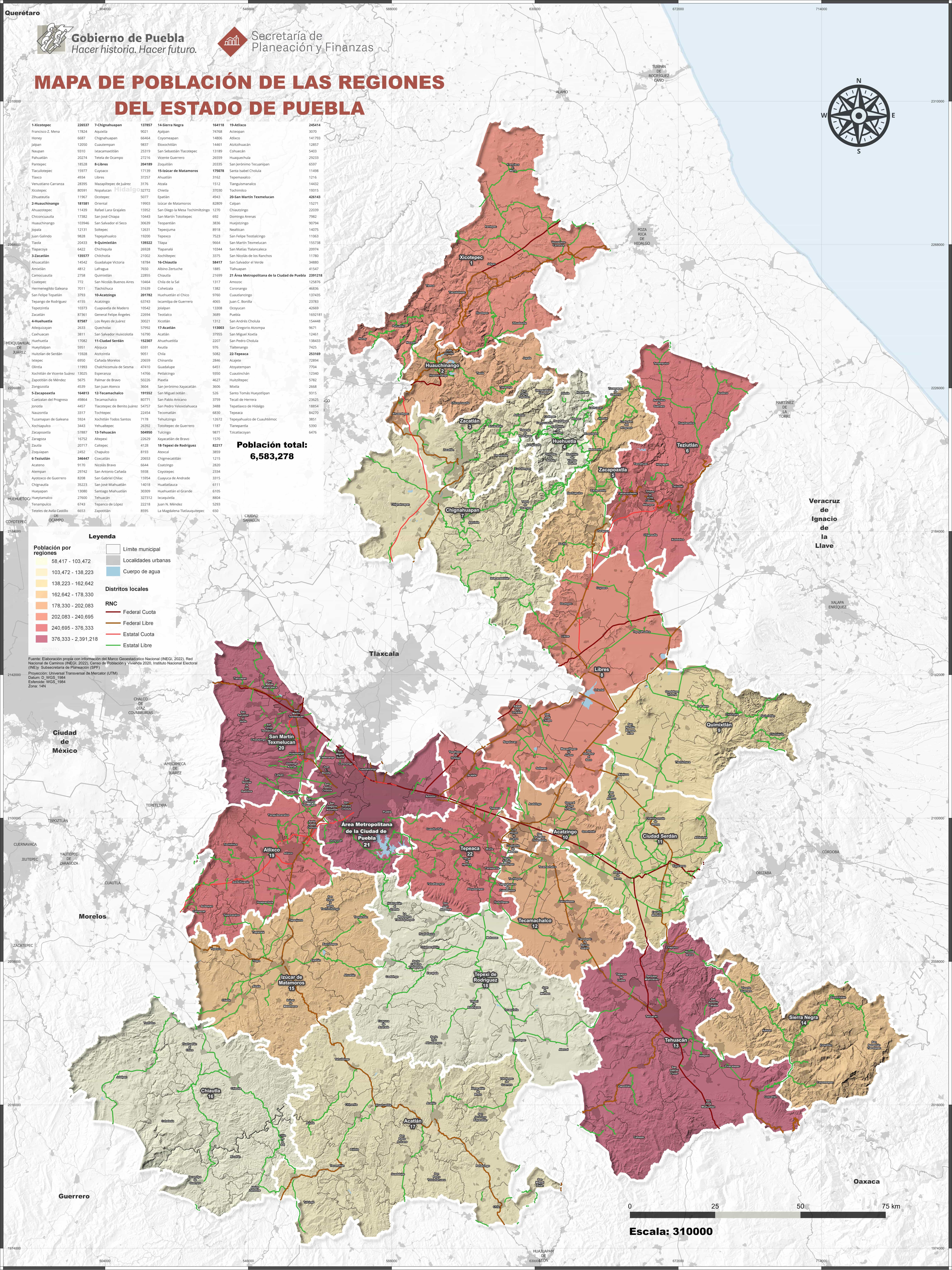 Biblioteca de Mapas - Población de las regiones del Estado de Puebla