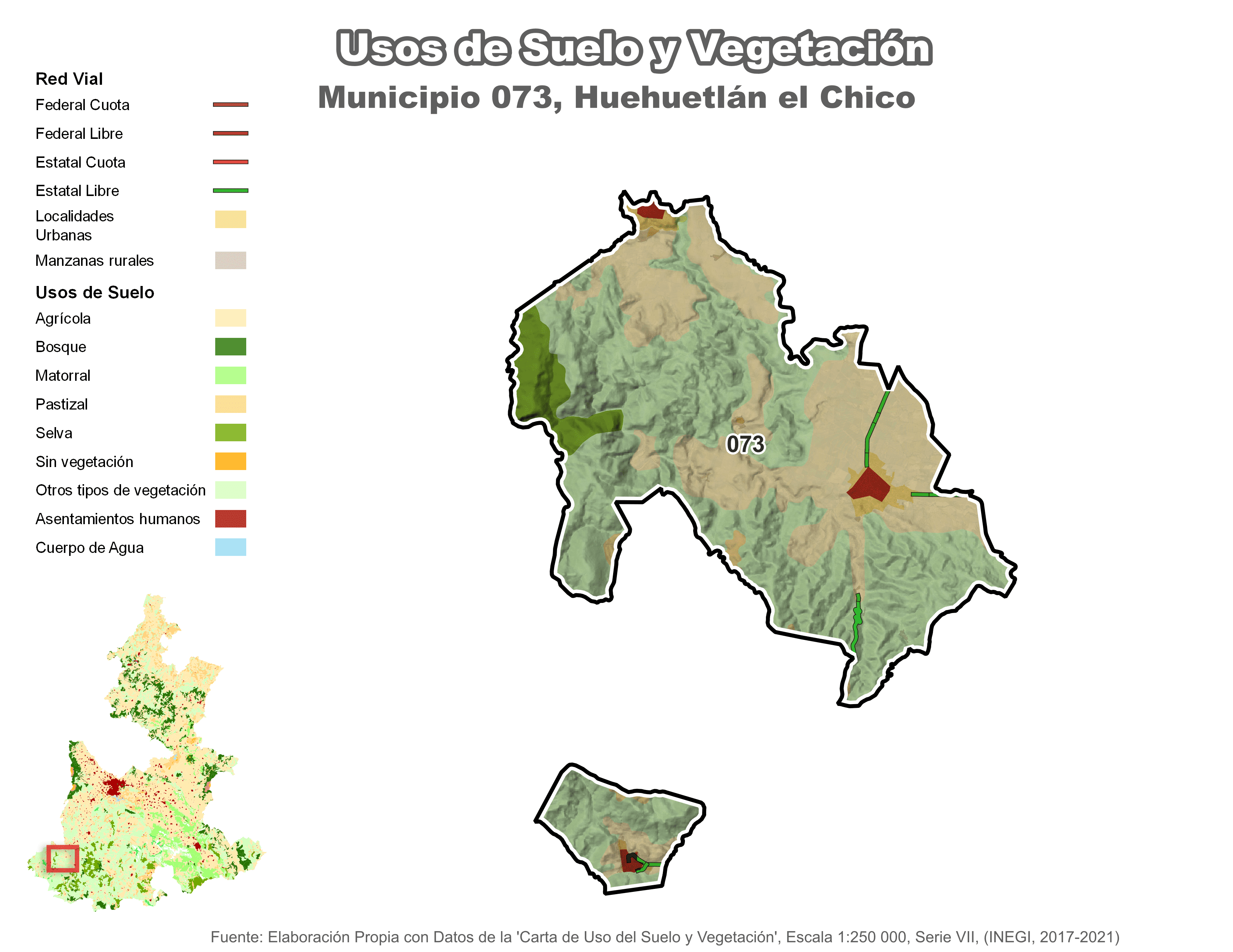 Biblioteca de Mapas - Uso de suelo y vegetación en municipio de Huehuetlán el Chico