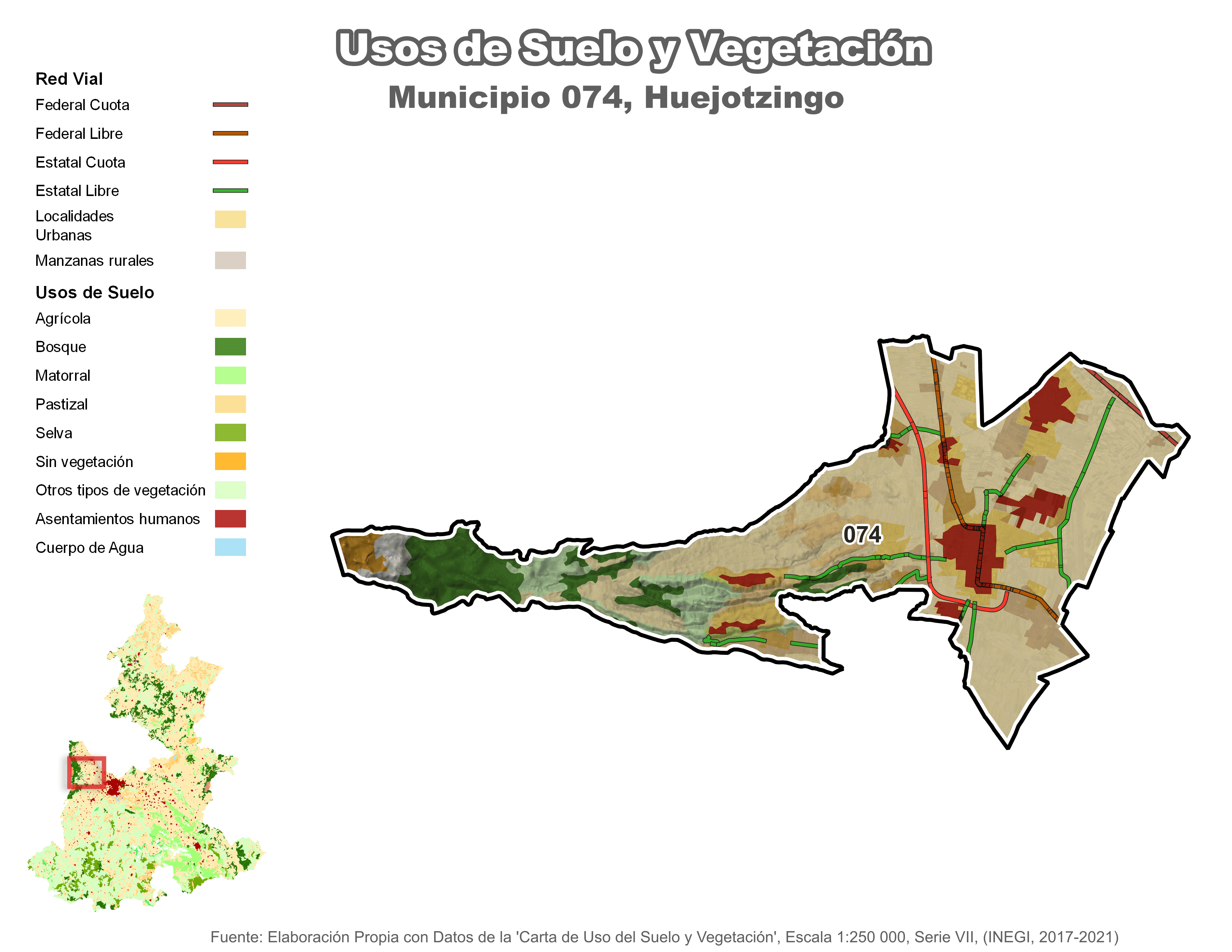 Biblioteca de Mapas - Uso de suelo y vegetación en municipio de Huejotzingo