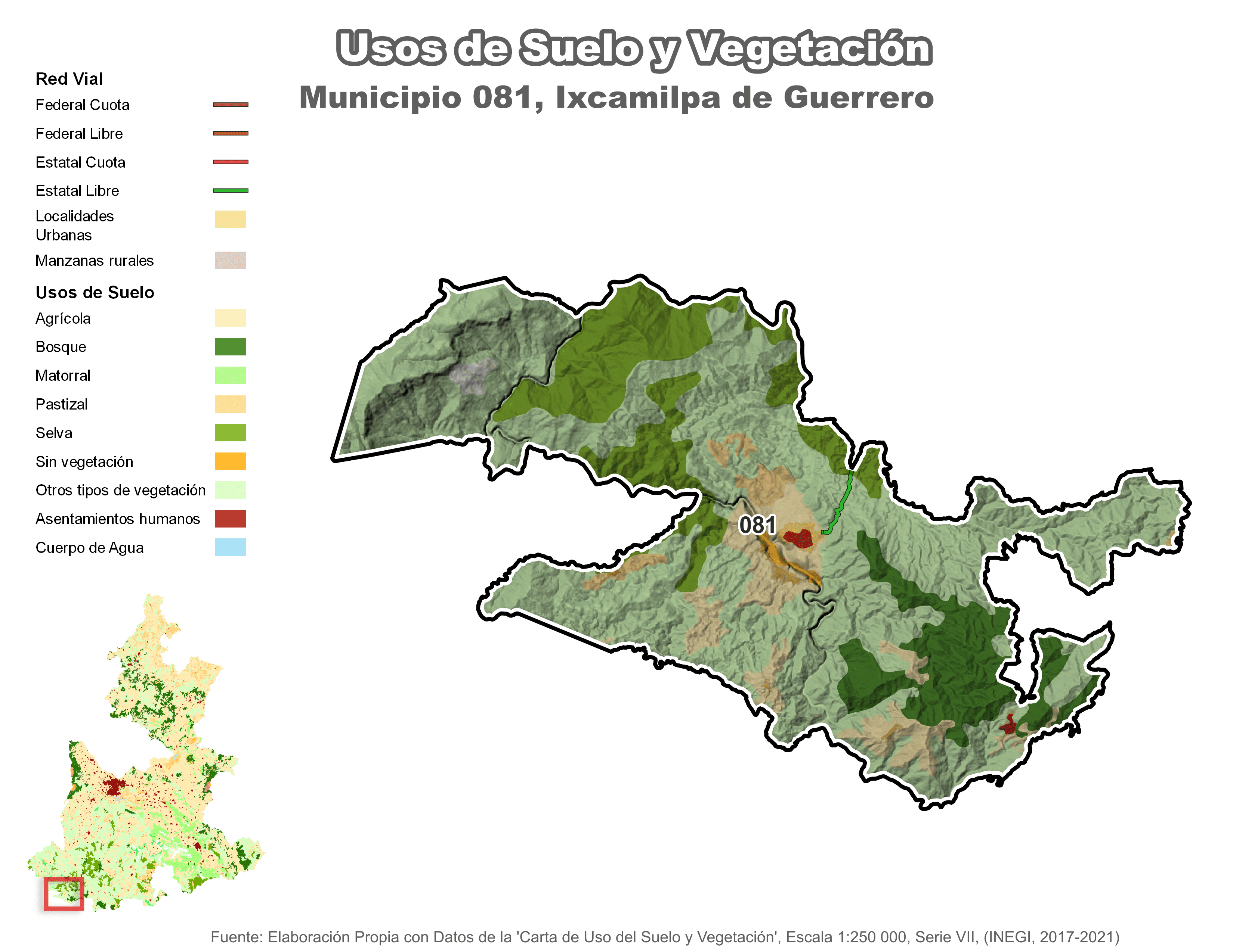 Biblioteca de Mapas - Uso de suelo y vegetación en municipio de Ixcamilpa de Guerrero