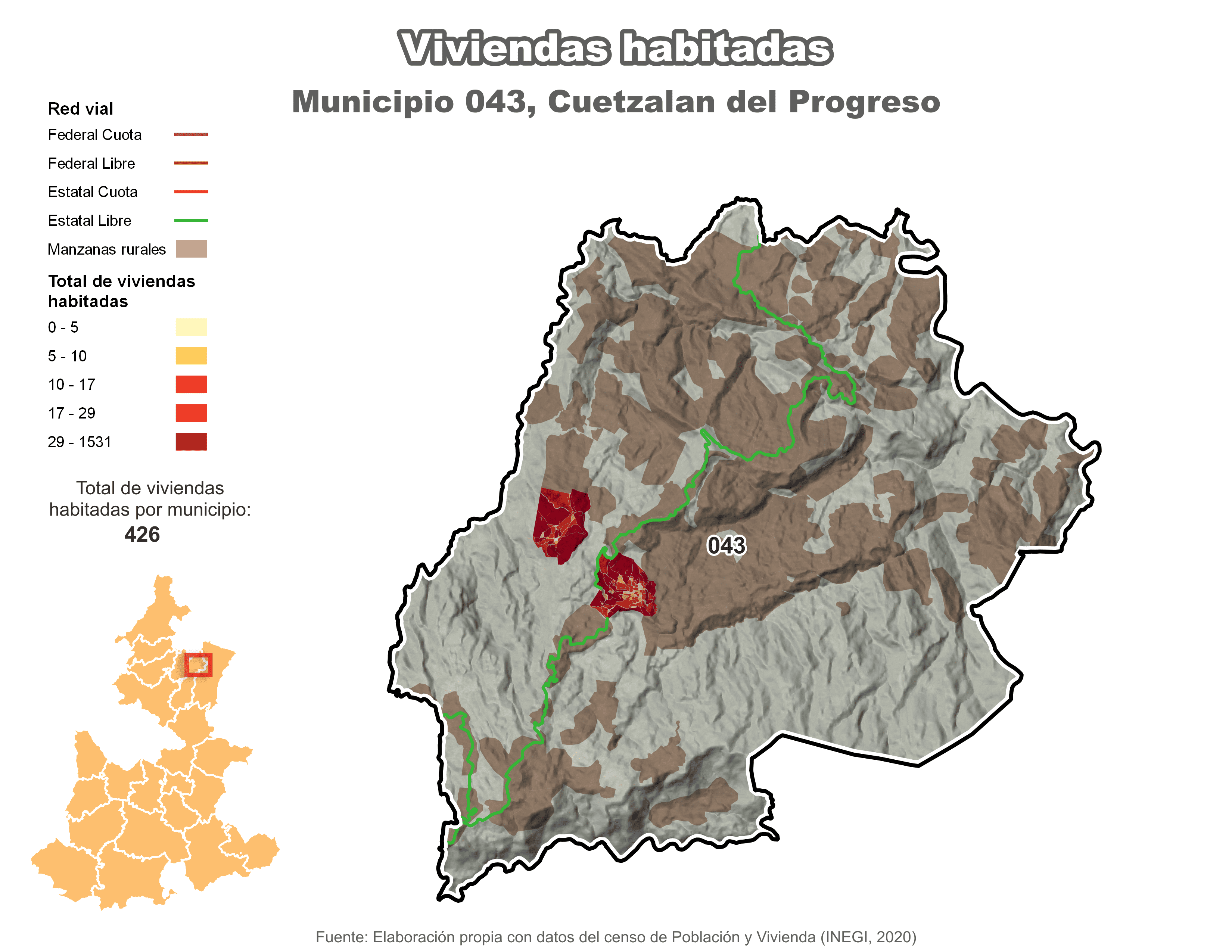 Biblioteca de Mapas - Viviendas habitadas municipio de Cuetzalan del Progreso